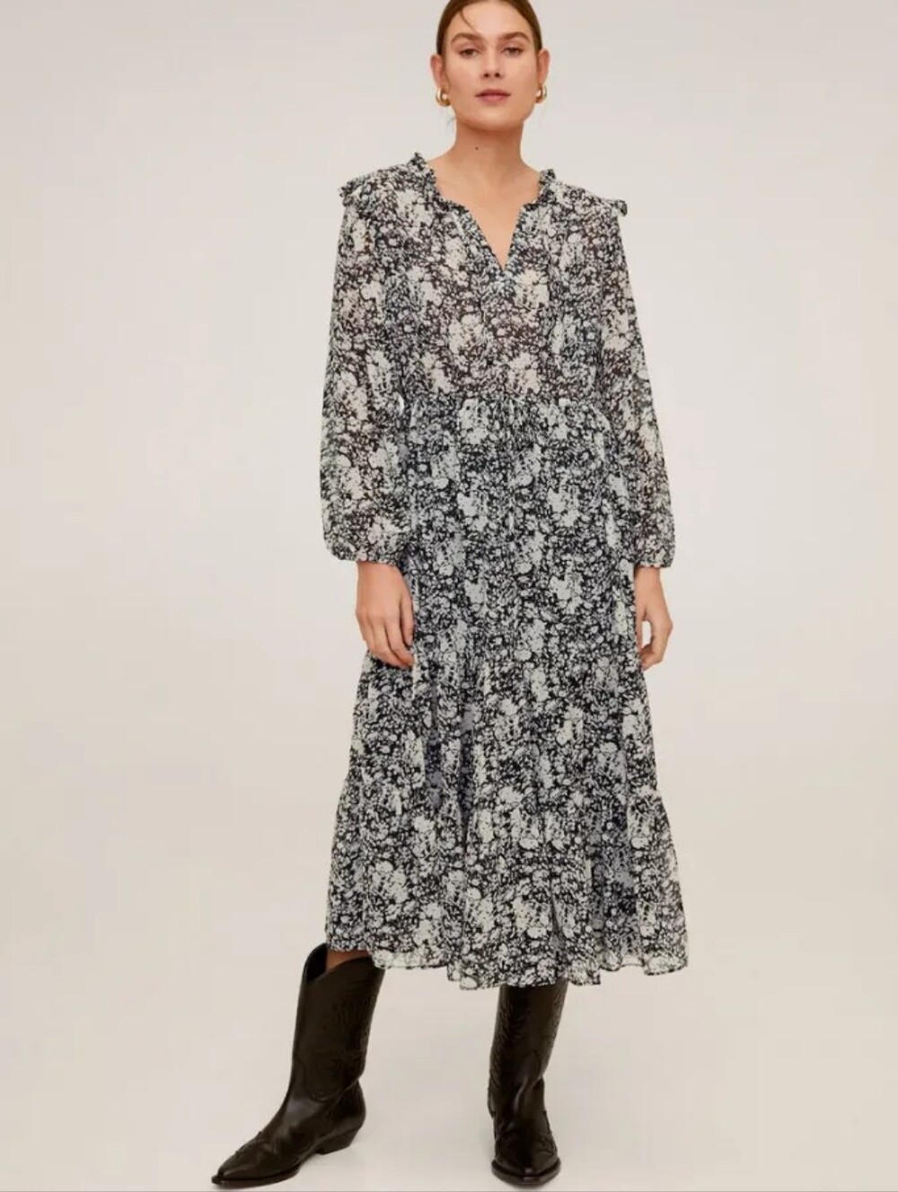 Mango Floral V-Neck Long Sleeve Midi Dress in Black and White